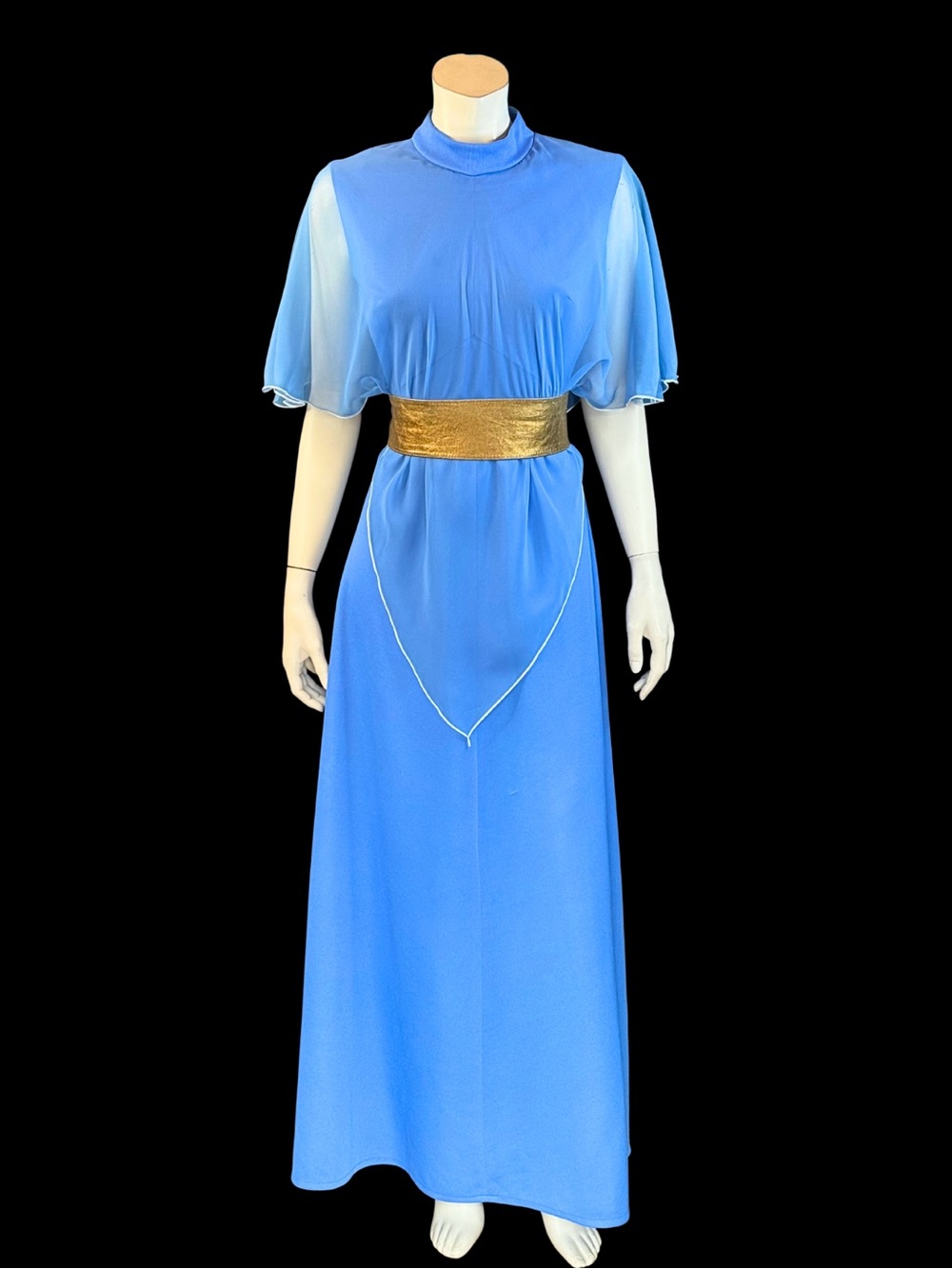 70s Grecian Goddess Blue Maxi Disco Dress with Sheer Cape Overlay M